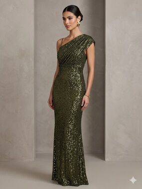 Vince Camuto One-Shoulder Sequin Evening Gown in Olive Gold